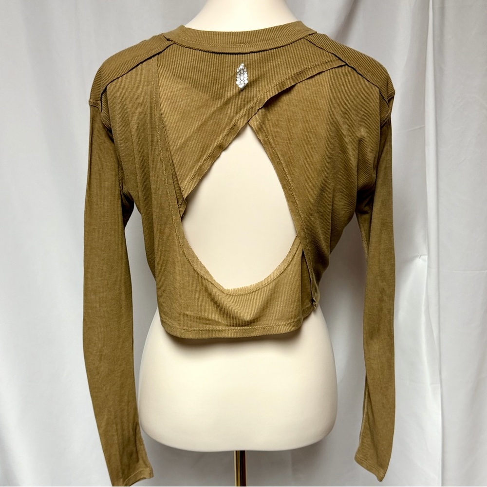 Free People Ribbed Crop Top XS Open Back Cutout Boho Fitted Long Sleeve Brown - Picture 3 of 10